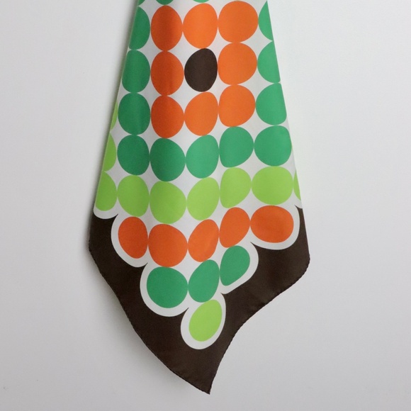 Vintage Trevira Scarf Orange Green Brown Dots Retro Mod MCM 1960s - Picture 1 of 11